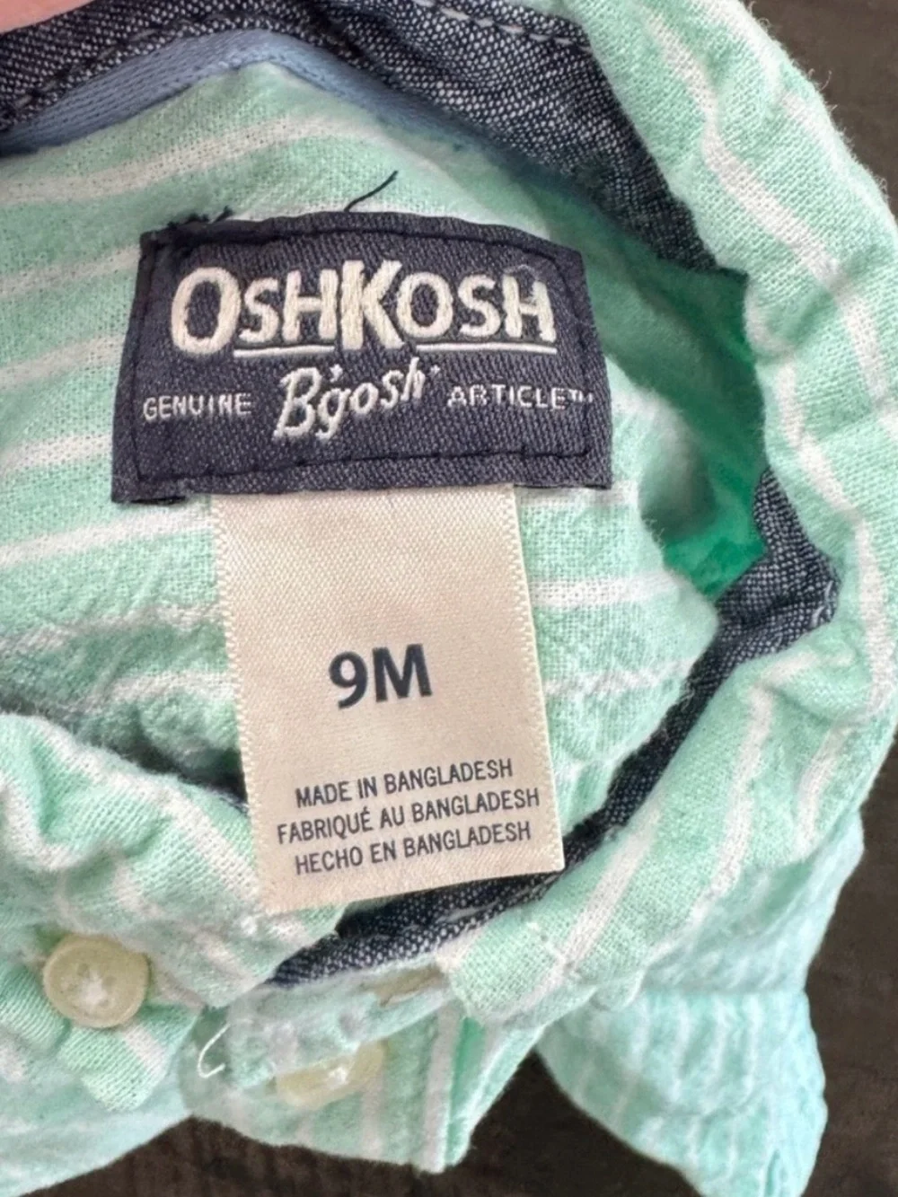 9M OshKosh B'gosh Baby Boys Mint Green White Striped Long Sleeve Button Bodysuit